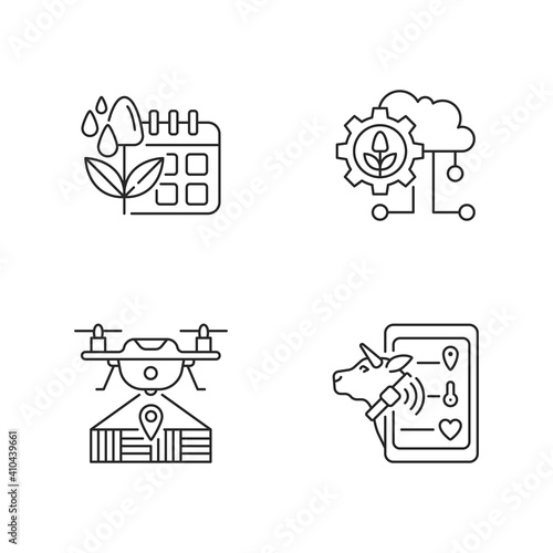 Smart farm linear icons set. Irrigation scheduling. Cloud computing. Drone mapping. Electronic system. Customizable thin line contour symbols. Isolated vector outline illustrations. Editable stroke