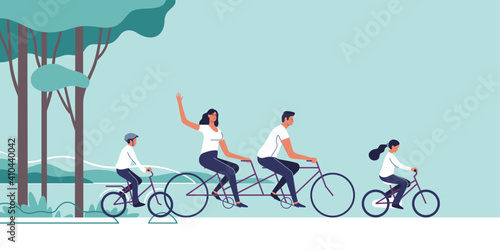Family are riding on bicycles on the natural landscape background. Vector illustration.