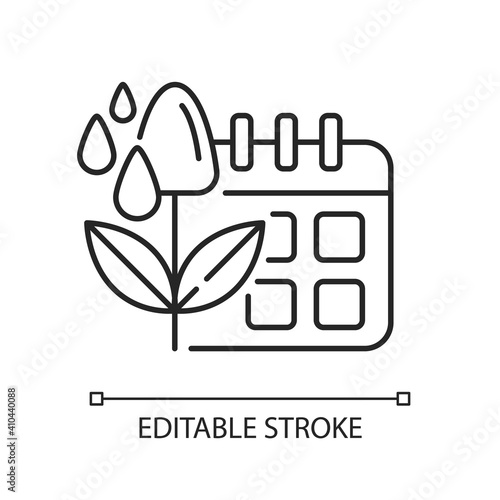 Irrigation scheduling linear icon. Plant watering. Agriculture equipment. Rain sensors. Thin line customizable illustration. Contour symbol. Vector isolated outline drawing. Editable stroke