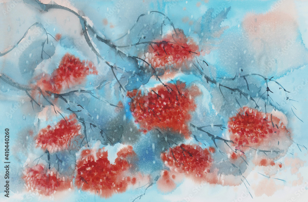Rowan tree branches and berries in snow. Christmas watercolor