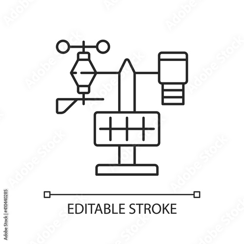 Weather stations linear icon. Meteo analysis. Optimal farming condition. Environmental monitoring. Thin line customizable illustration. Contour symbol. Vector isolated outline drawing. Editable stroke