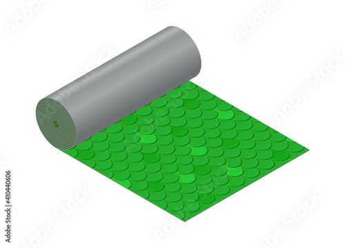 Isometric vector illustration roll green shingles bitumen roofing cover isolated on white background. Realistic shingles for roof covering vector icon in flat cartoon style. Construction material.