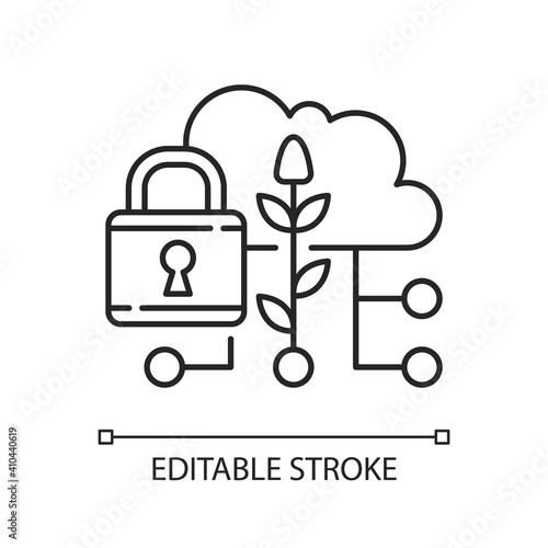 Data security in agriculture linear icon. Information protection. Smart farm. Cybersecurity. Thin line customizable illustration. Contour symbol. Vector isolated outline drawing. Editable stroke