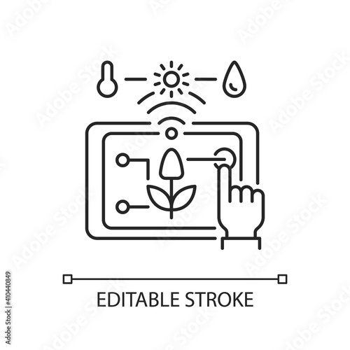 Precision agriculture linear icon. Smart farm. Modern technologies. Satellite farming. Thin line customizable illustration. Contour symbol. Vector isolated outline drawing. Editable stroke