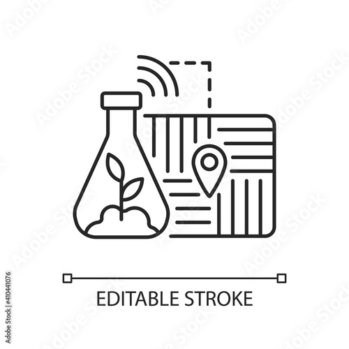 GPS soil sampling linear icon. Precision agriculture. Smart farm. Navigate for sampling locations. Thin line customizable illustration. Contour symbol. Vector isolated outline drawing. Editable stroke