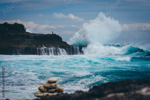 Very wild sea at Devil s Tear. Waves hit the rocks of the island of Nusa Lembongan  Bali  Indonesia. 