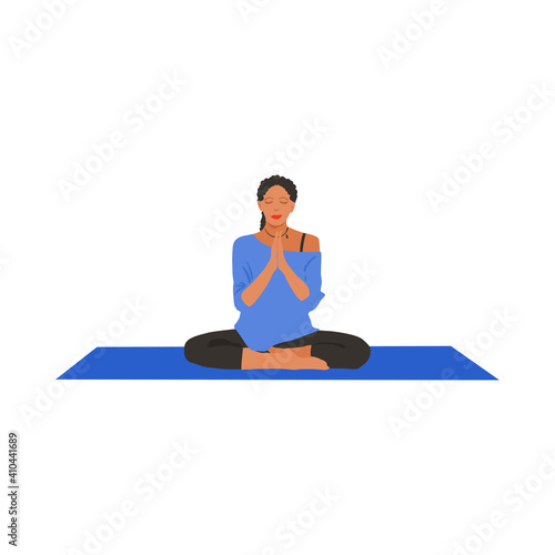 Young woman with closed eyes sitting cross legged on floor and meditating. Meditation, relaxation at home, spiritual practice, yoga and breathing exercise. Flat cartoon colorful vector illustration