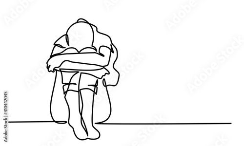 Continuous line of sad woman. Minimalistic contour illustration.