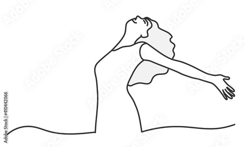Woman stretching arms and relaxing. Hand drawn vector illustration.