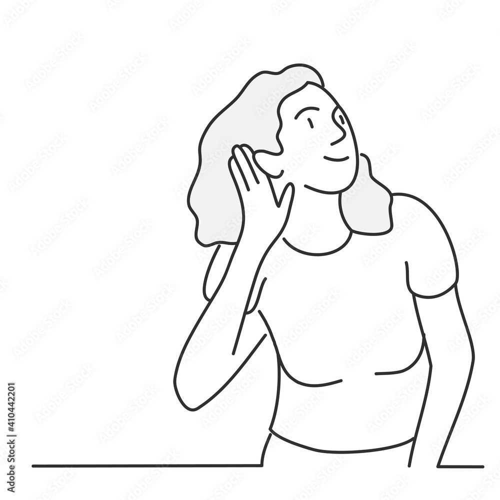 Young girl try to hear better with hand palm. Hand drawn vector illustration. Young girl try to hear better with hand palm. Hand drawn vector illustration.