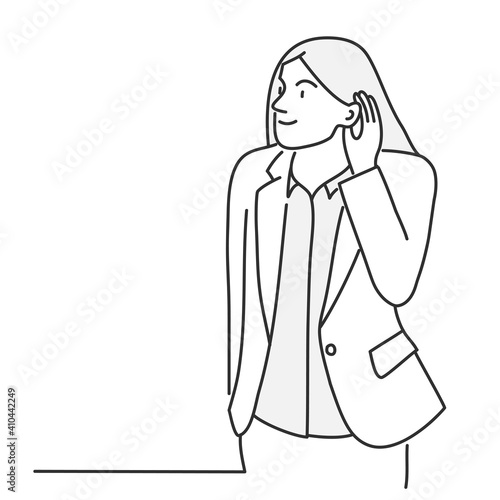 Hand drawn vector illustration of intrigued and curious girl gossiping, eavesdropping and listening to someone conversation.