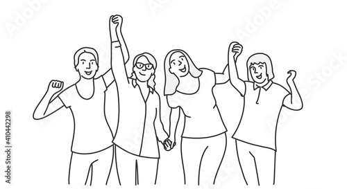 Happy women holding hands. Hand drawn vector illustration.