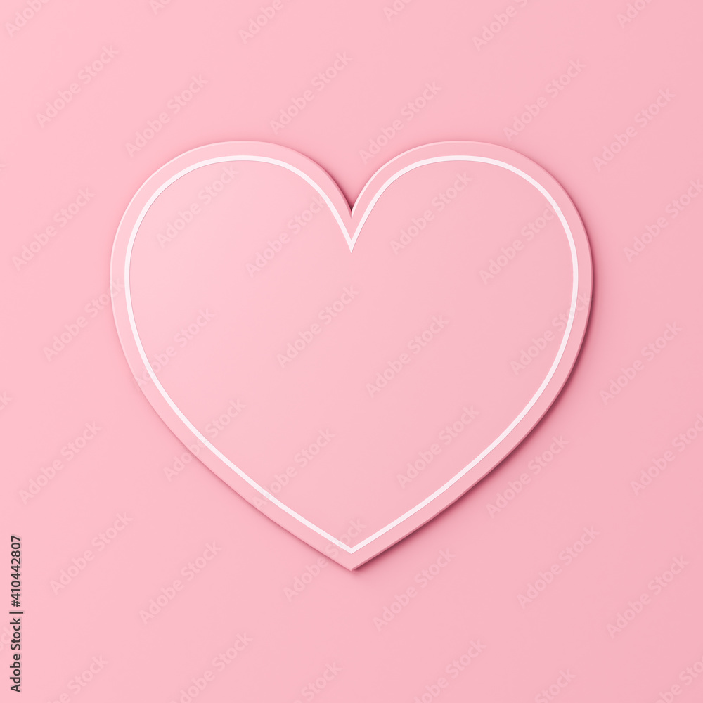Sweet blank heart valentine card isolated on pink pastel color background with shadow minimal conceptual 3D rendering