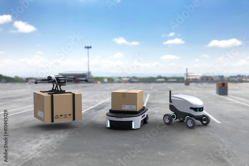 Autonomous delivery robot, Self-driving robot, Delivery drone, Business air transportation concept. photo