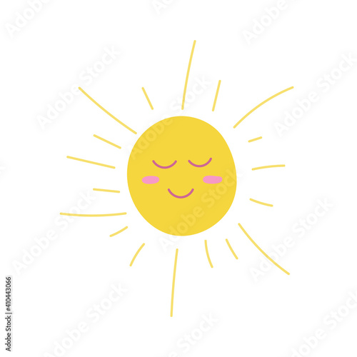 Yellow sun with closed eyes and a smile on a white background. Vector flat illustration in cartoon style