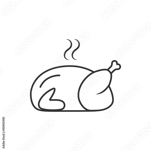 Whole chicken cooked lying linear outline empty icon side view vector illustration.