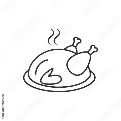 Whole chicken cooked lying on a plate, linear outline icon, vector illustration.
