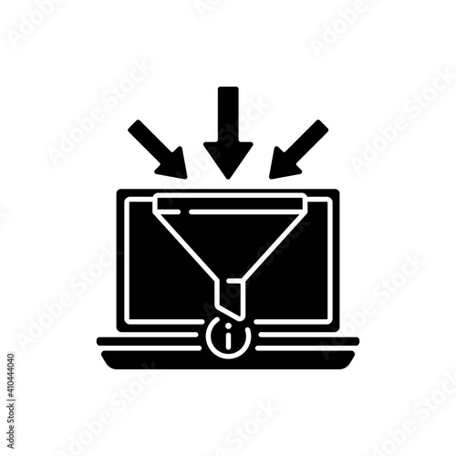Gathering information black glyph icon. Creative thinking idea. Careful sorting of information. Ability not to believe everything. Silhouette symbol on white space. Vector isolated illustration
