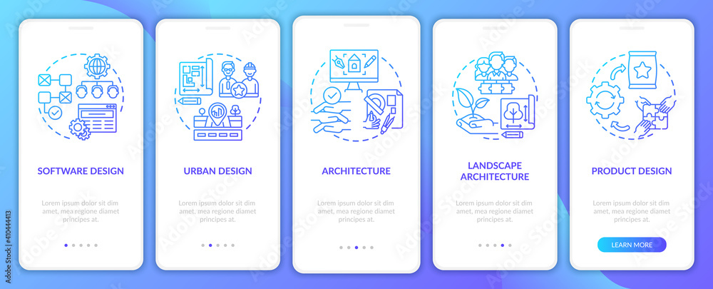 Co-design application fields onboarding mobile app page screen with concepts. Product design, architecture walkthrough 5 steps graphic instructions. UI vector template with RGB color illustrations