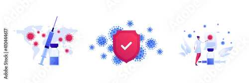 Vaccinacion and coronavirus virus protection concept. Vector flat people illustration set. Vaccine shot in syringe and vial. Female doctor and immunization certificate document. World map pandemic map