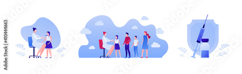 Vaccinacion for child and covid19 virus protection concept. Vector flat people illustration set. Vaccine shot in syringe with vial. Female doctor shot vaccine to girl and child queue isolated on white