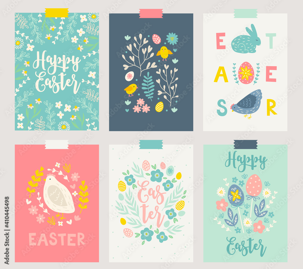 Easter greeting cards with hen, rabbit, eggs, flowers, leaves, chamomile