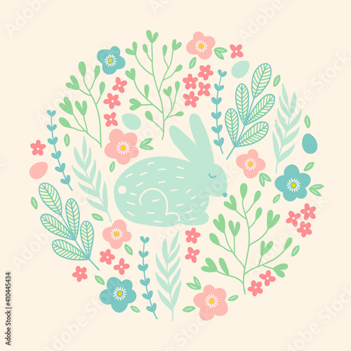 Easter greeting card with bunny, leaves, flowers and branches