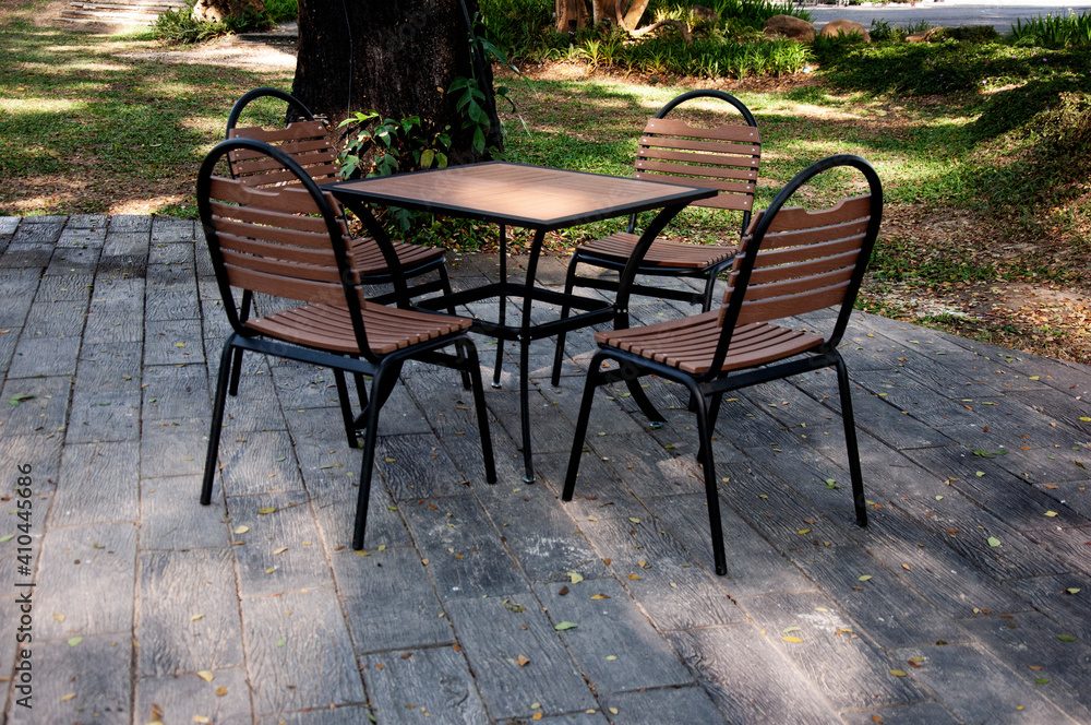 Set of furniture, Table and chairs for back yard garden. Empty Table and chairs at back yard.