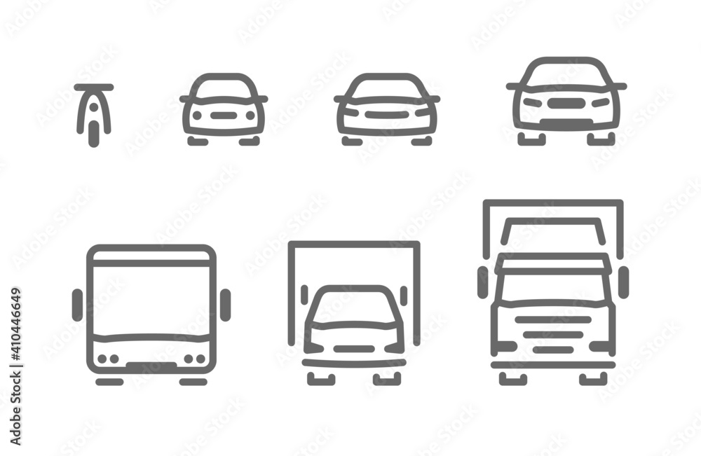 Set of transport icons, line silhouette front and side view Set of transport icons, line silhouette front and side view