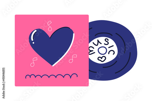 Hand drawn Vinyl Record, retro design, love music concept. Flat illustration.
