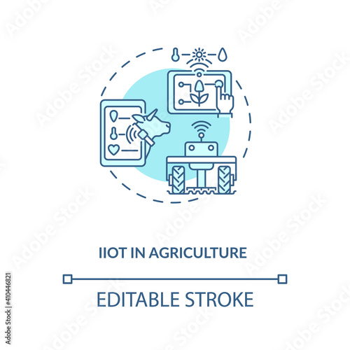 IIoT in agriculture concept icon. Industry 4.0 idea thin line illustration. Monitoring crop field in real-time. Farming practices. Vector isolated outline RGB color drawing. Editable stroke