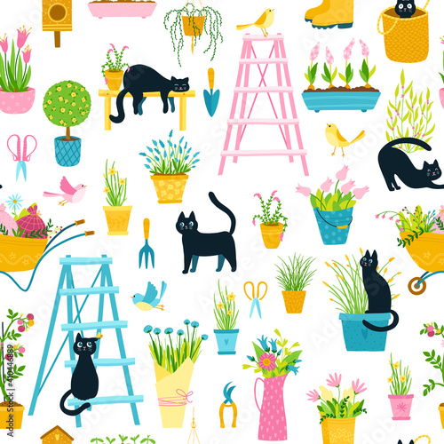 Spring seamless pattern with black cats in a simple hand-drawn cartoon style. Vector childish colorful illustrations of funny characters in different poses with garden inverter and tools.