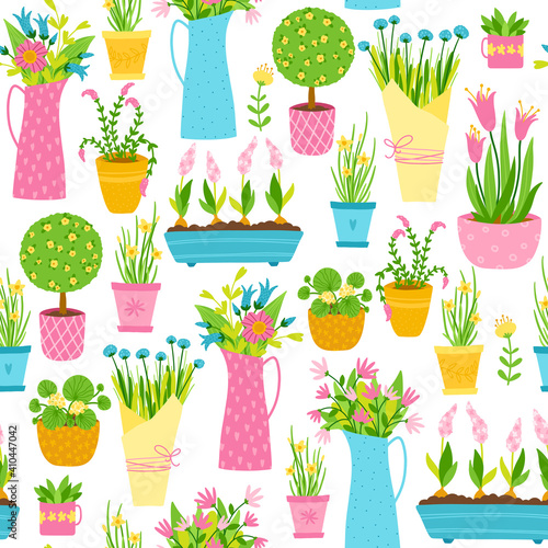 Spring seamless pattern in simple hand-drawn cartoon style. Vector childish colorful illustration with flower pots, bouquets and vases. Garden flower shop