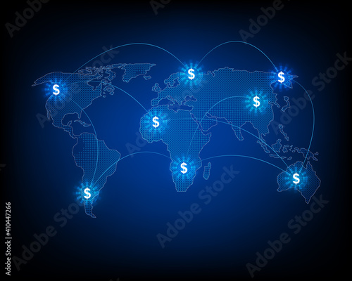 Network of money transfers and currency exchanges between countries of the world
