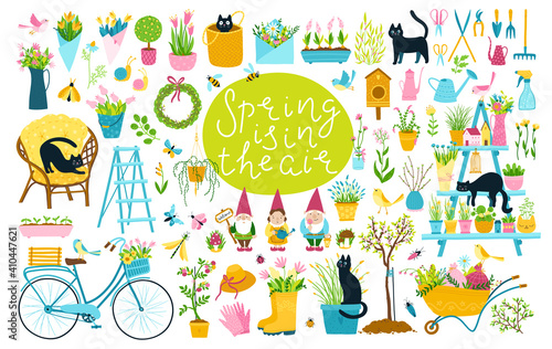 Garden spring set with black cats. A large collection of vector cartoon elements in a simple childish hand-drawn style. Blooming flowers with butterflies, insects and cute gnome figurines