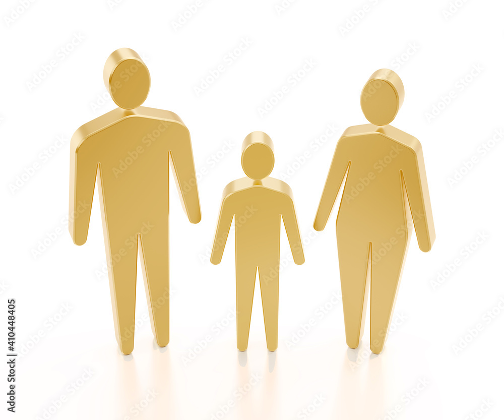 The Cell of a Society. Three human figures of family members, which are an adult male, a child and an adult female. 3D-rendering graphics on reflective white background.
