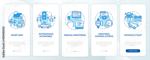 CPS application onboarding mobile app page screen with concepts. Smart grid, medical monitoring walkthrough 5 steps graphic instructions. UI vector template with RGB color illustrations