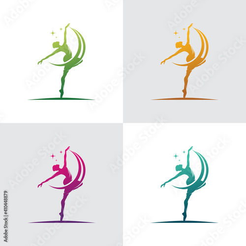 Young gymnast woman dance with ribbon logo