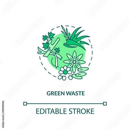 Green waste concept icon. Organic waste type idea thin line illustration. Domestic and industrial kitchen refuse. Grass clippings, leaves. Vector isolated outline RGB color drawing. Editable stroke