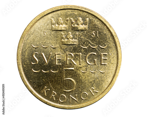 Photography five swedish kroner coin isolated on white background