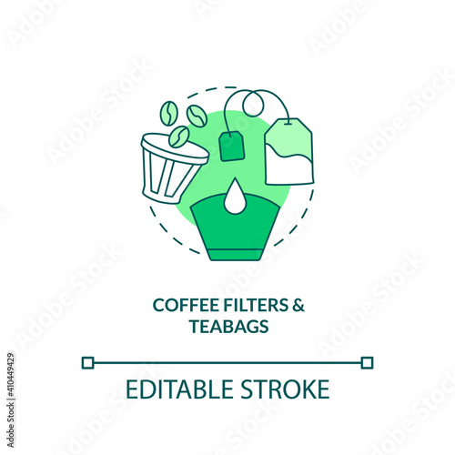 Coffee filters and teabags concept icon. Food-spoiled paper waste idea thin line illustration. Rotting in landfill. Reusing coffee grounds. Vector isolated outline RGB color drawing. Editable stroke