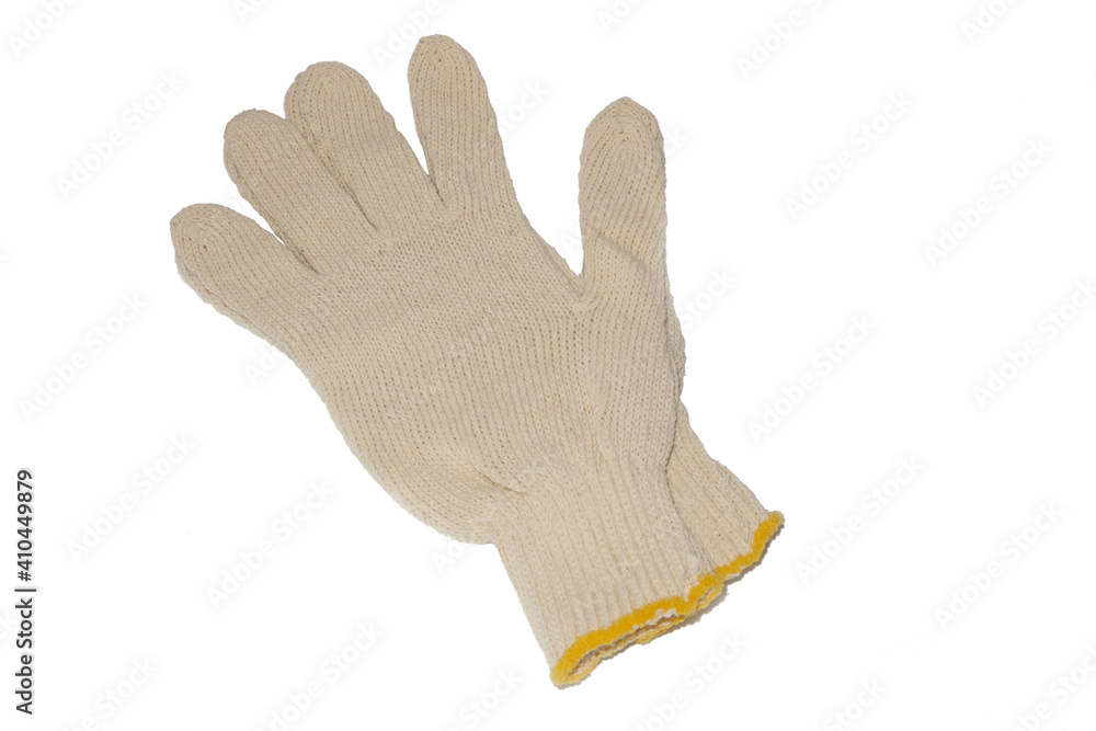 Hand protection. Work gloves. White isolated background. Part of the image is blurred.