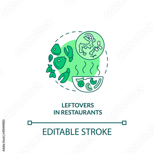 Leftovers in restaurants concept icon. Food waste type idea thin line illustration. Uneaten food from meals. Expired products. Vector isolated outline RGB color drawing. Editable stroke