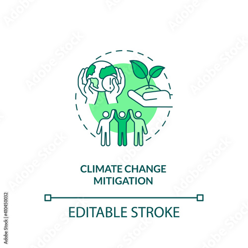 Climate change mitigation concept icon. Organic waste reduction idea thin line illustration. Energy efficiency. Changing consumer behavior. Vector isolated outline RGB color drawing. Editable stroke