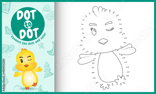 Connect the dots kids game and coloring page with a cute chick character illustration
