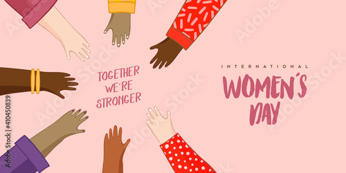 Happy Women Day banner diverse girl hand together