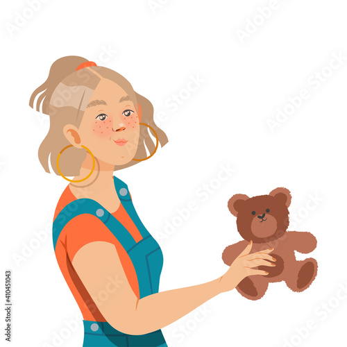 Freckled Woman with Ponytail Holding Teddy Bear Vector Illustration