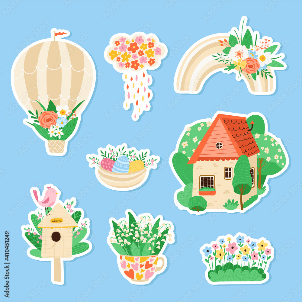 Collection various spring sticker in flat style. Set elements for stationery of flowers, birds, rainbows, balloon, egg. Concept of spring. Vector illustration