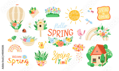 Collection various spring elements on white background in flat style. Set illustrations of flowers, birds, rainbows, quotes for design. Concept of spring. Vector