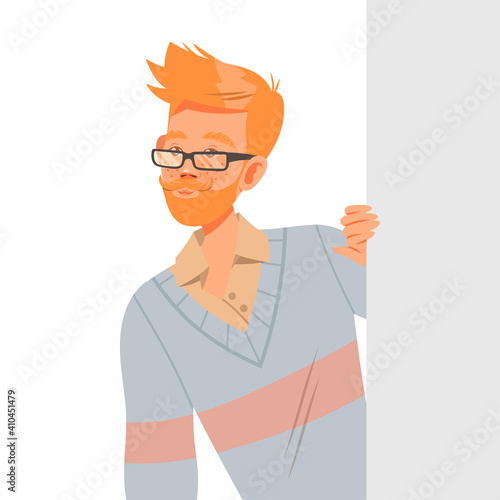 Young Man Peeping from Behind the Wall Vector Illustration